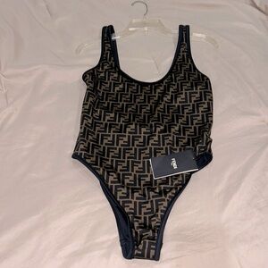Brown lycra fendi logo one piece swimsuit new with tags and box